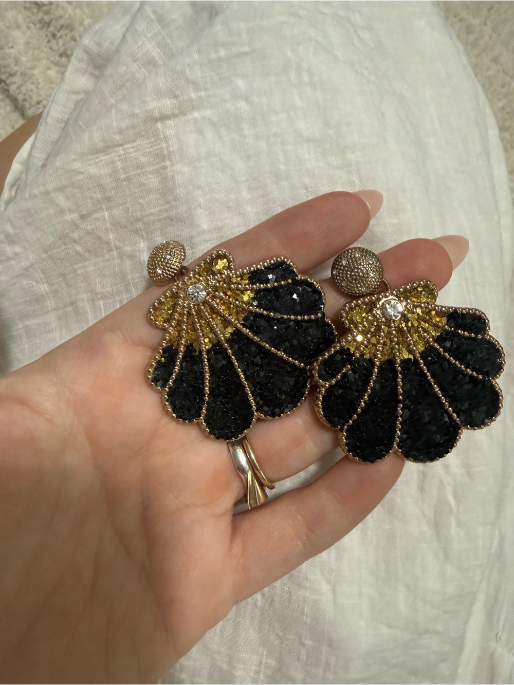 Elegant Black and Gold Shell Costume Earrings